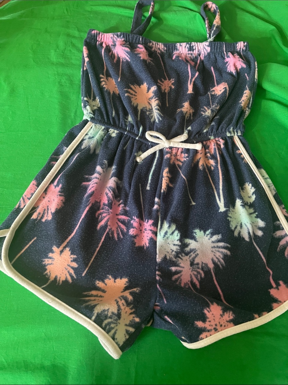 SO Navy Romper with Pink & Cream Palm Print